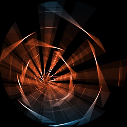 Abstract spiral design in shades of orange, black, and blue.