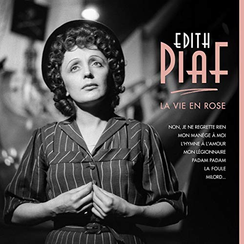 Black and white portrait of Edith Piaf with album title text overlay.