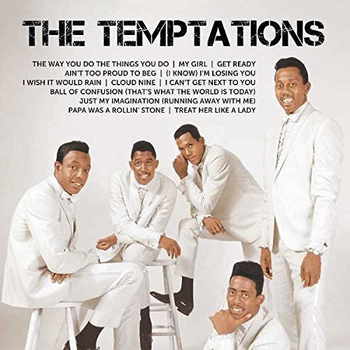 The Temptations album cover featuring five men in white suits.