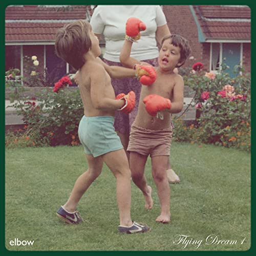 Two young boys playfully boxing on a lawn, vintage photograph.