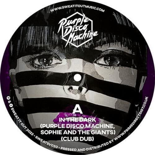 Vinyl record label for Purple Disco Machine's "In The Dark" with obscured face.