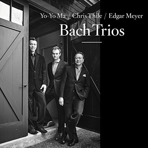 Black and white portrait of Yo-Yo Ma, Chris Thile, and Edgar Meyer.