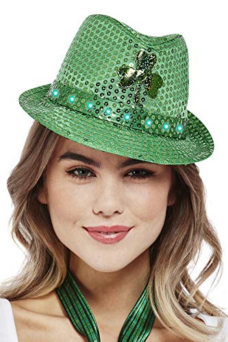 Smiffys 51116 Paddy's Day Light Up Sequin Trilby Hat, Unisex Adult, Green, One Size