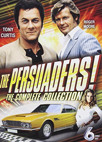 DVD cover for "The Persuaders!" featuring Tony Curtis, Roger Moore, and a yellow car.