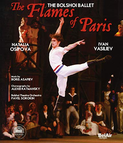Ballet dancer mid-leap on Blu-ray cover for "The Flames of Paris.