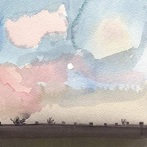 Watercolor painting of a pale sky over a dark, flat landscape.