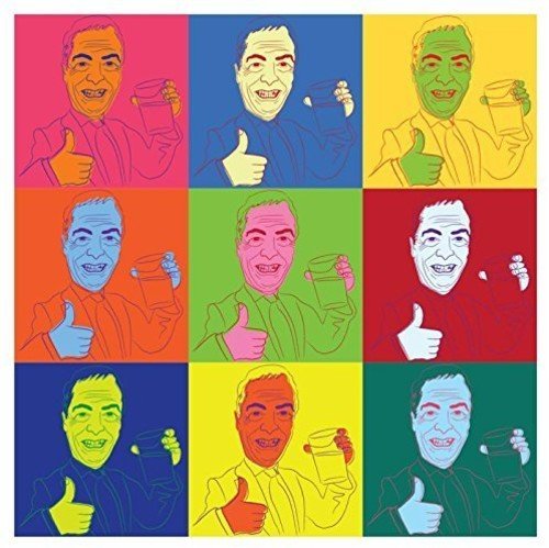 Pop art grid of Nigel Farage holding drinks, giving thumbs up.
