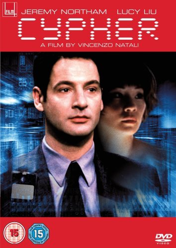 Cypher DVD cover featuring Jeremy Northam and Lucy Liu, blue digital background.