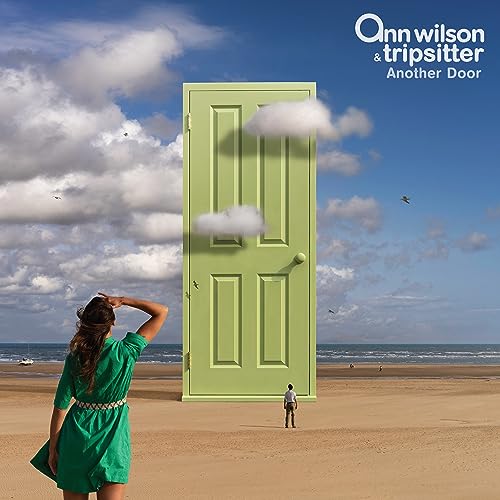 Album cover: green door in clouds, woman and man on beach.