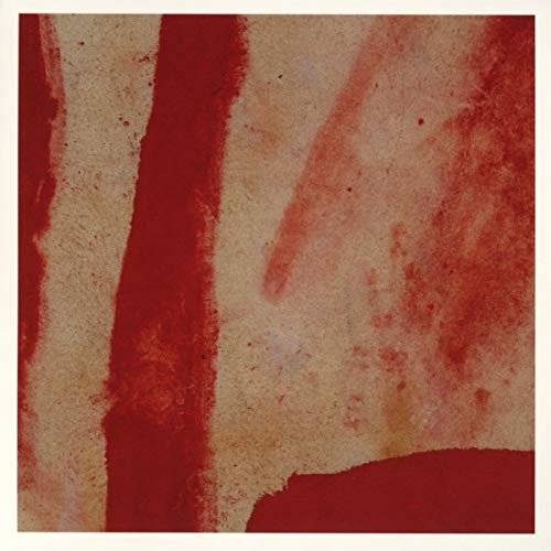 Abstract red and beige brushstrokes on a square album cover.