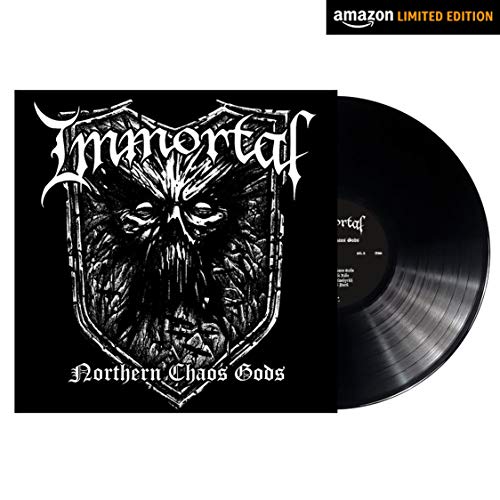 Black vinyl record with cover art featuring a dark, ornate shield design.