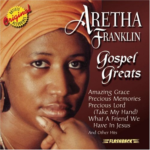 Aretha Franklin's "Gospel Greats" CD cover featuring a portrait of the artist.