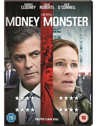 Money Monster" DVD cover featuring George Clooney, Julia Roberts, and a handgun.