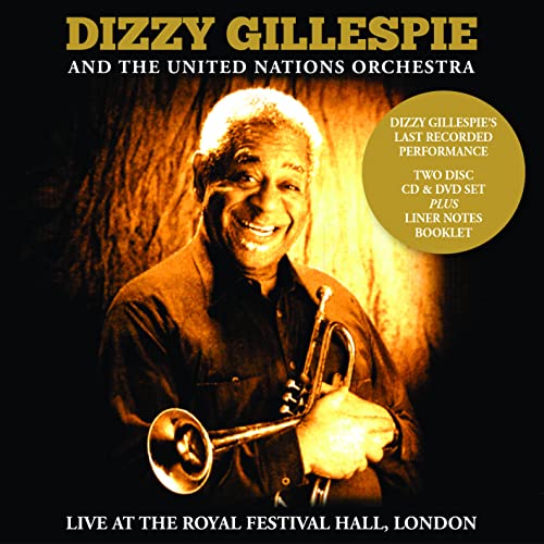 Dizzy Gillespie smiling, holding a trumpet, album cover for live performance DVD.