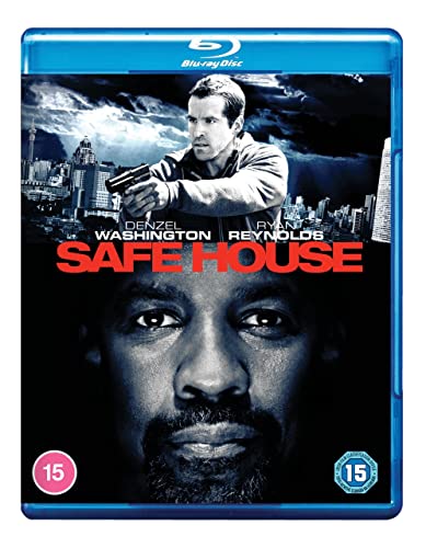 Blu-ray cover for Safe House featuring Denzel Washington and Ryan Reynolds in a city.