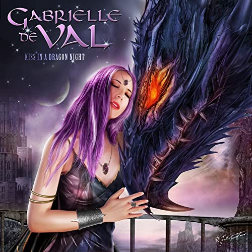 Woman with purple hair leans against a large, dark dragon.