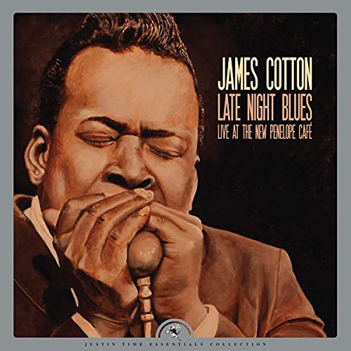 James Cotton playing harmonica, album cover for “Late Night Blues” vinyl.
