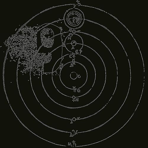 Black album cover with white, circular astronomical diagram and text.