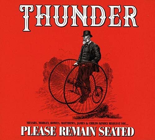 Red album cover featuring a man on a vintage high-wheel bicycle.