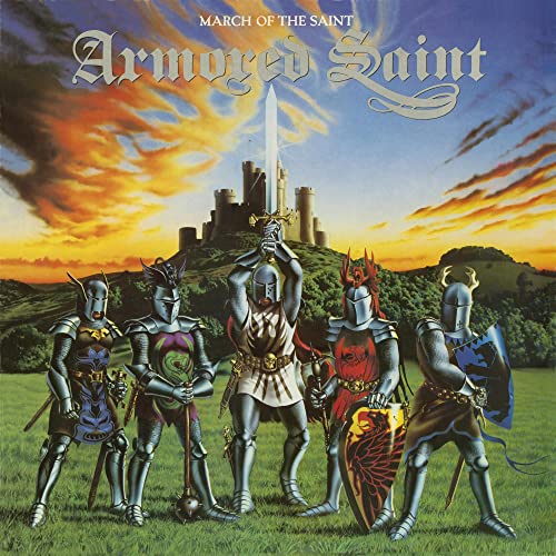 Album cover: knights raising swords before a castle in a landscape.