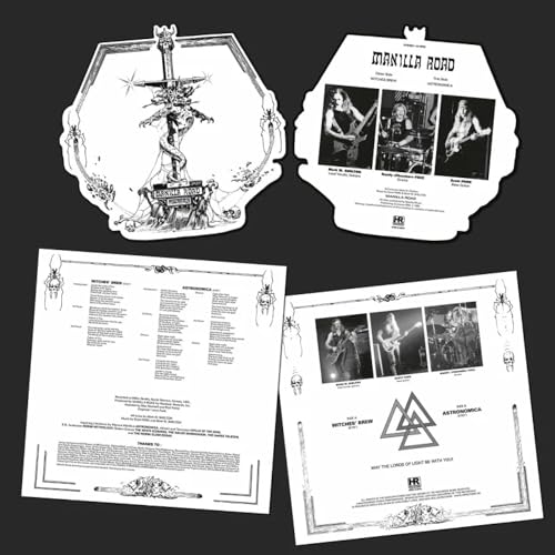 Shaped vinyl record for Manilla Road’s “Witches Brew / Astronomica” with artwork.