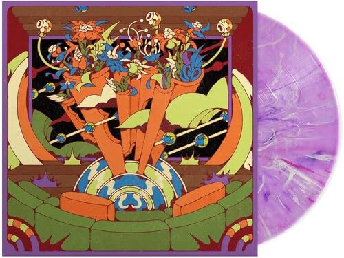 Vinyl record with colorful, psychedelic floral album art and purple swirl pattern.