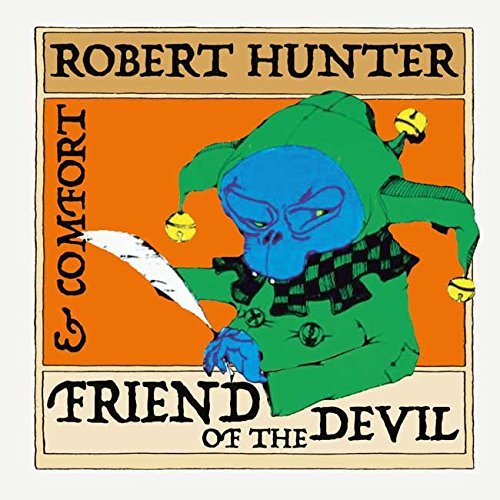 CD cover: blue skull jester with quill, orange and black background.