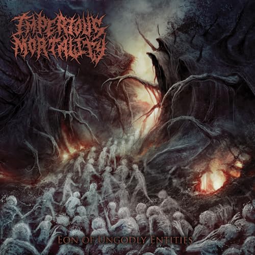 Dark album cover depicting a twisted, fiery landscape with ghostly figures.