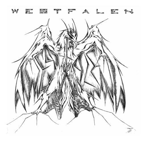Black and white line art of a winged creature holding two crossed electric guitars.