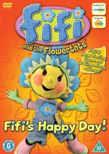 Fifi the flower character on an orange background with the Fifi and Flowertots logo.
