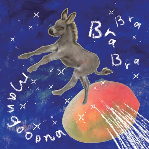 Donkey balancing on a large mango against a dark blue, star-filled background.