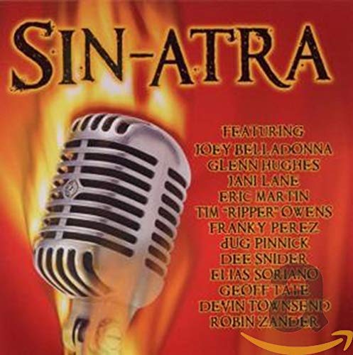 CD cover for “Sin-atra” featuring a vintage microphone and fiery background.