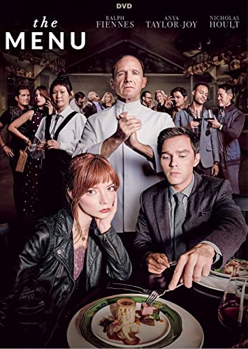 The Menu" DVD cover featuring cast members and a plated dish.