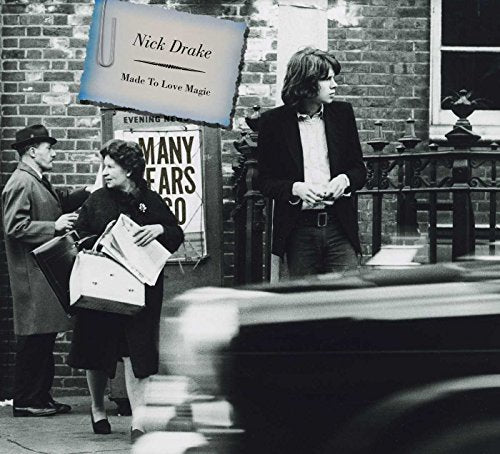 Black and white street scene with Nick Drake standing near pedestrians and a newspaper sign.