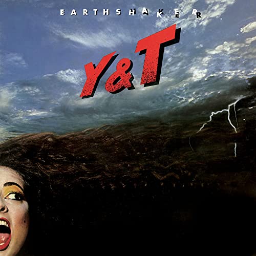 Y&T “Earthshaker” CD cover: band logo over stormy sky and screaming face.