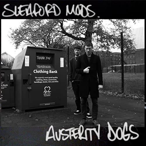 Black and white album cover featuring two men standing by clothing banks.