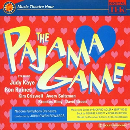 CD cover for "The Pajama Game" musical highlights, red background with hearts.