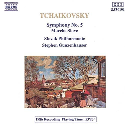 CD cover for Tchaikovsky’s Symphony No. 5, featuring a winter village scene.