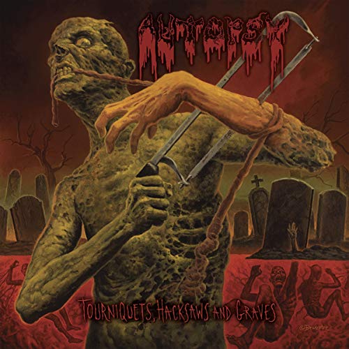 CD cover: decaying zombie figure with hacksaws, graveyard background.