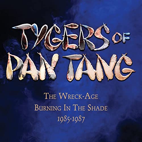 Tygers of Pan Tang album cover, dark blue with gold and brown lettering.