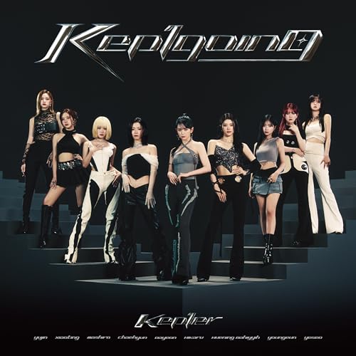 Kep1er album cover featuring nine women in dark, stylish outfits on stairs.