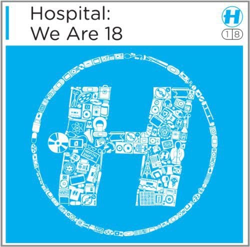Hospital: We Are 18" CD cover, blue background with a detailed white "H" design.
