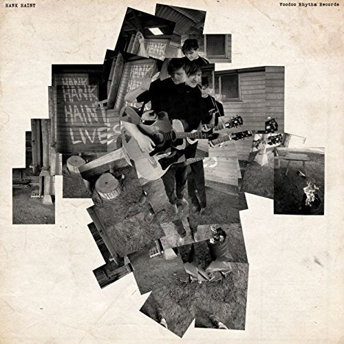 Black and white album cover with fragmented collage of musicians with guitars.