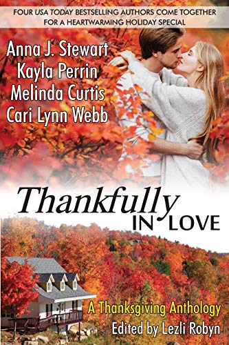 Book cover: couple embracing amidst autumn leaves, titled "Thankfully in Love.