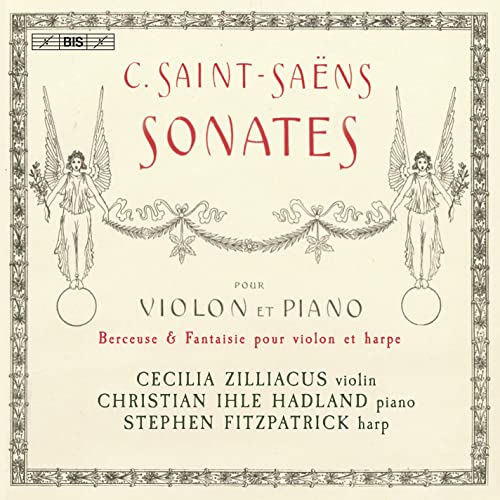 CD cover: Angels flank text naming Saint-Saëns’ sonatas, violin, piano, and harp.