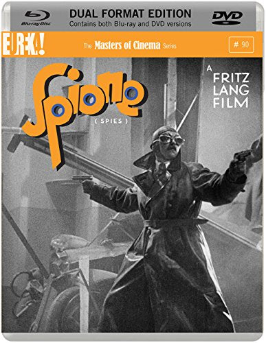 Blu-ray cover for Fritz Lang's Spione featuring a man in a trench coat holding guns.