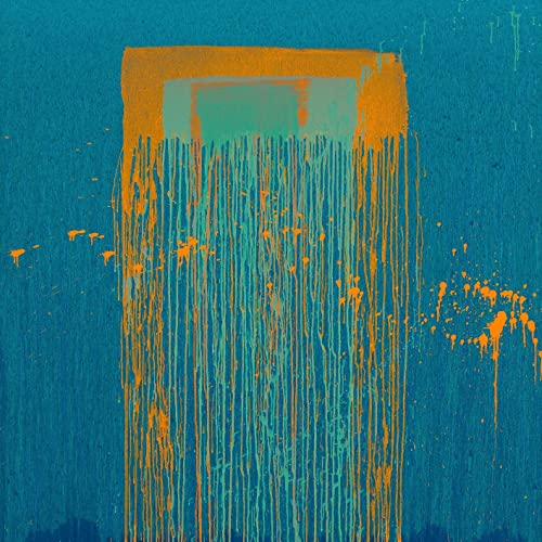 Abstract album cover with blue background and orange dripping paint effect.
