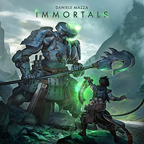 Robot and warrior with glowing weapon in a mountainous landscape.