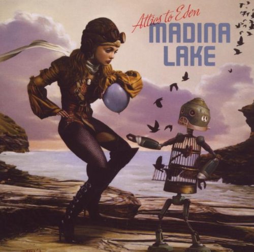 Album cover: woman and robot figure by a seascape, birds flying.