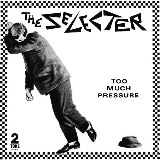 The Selecter album cover: man falling with hat, checkered border.